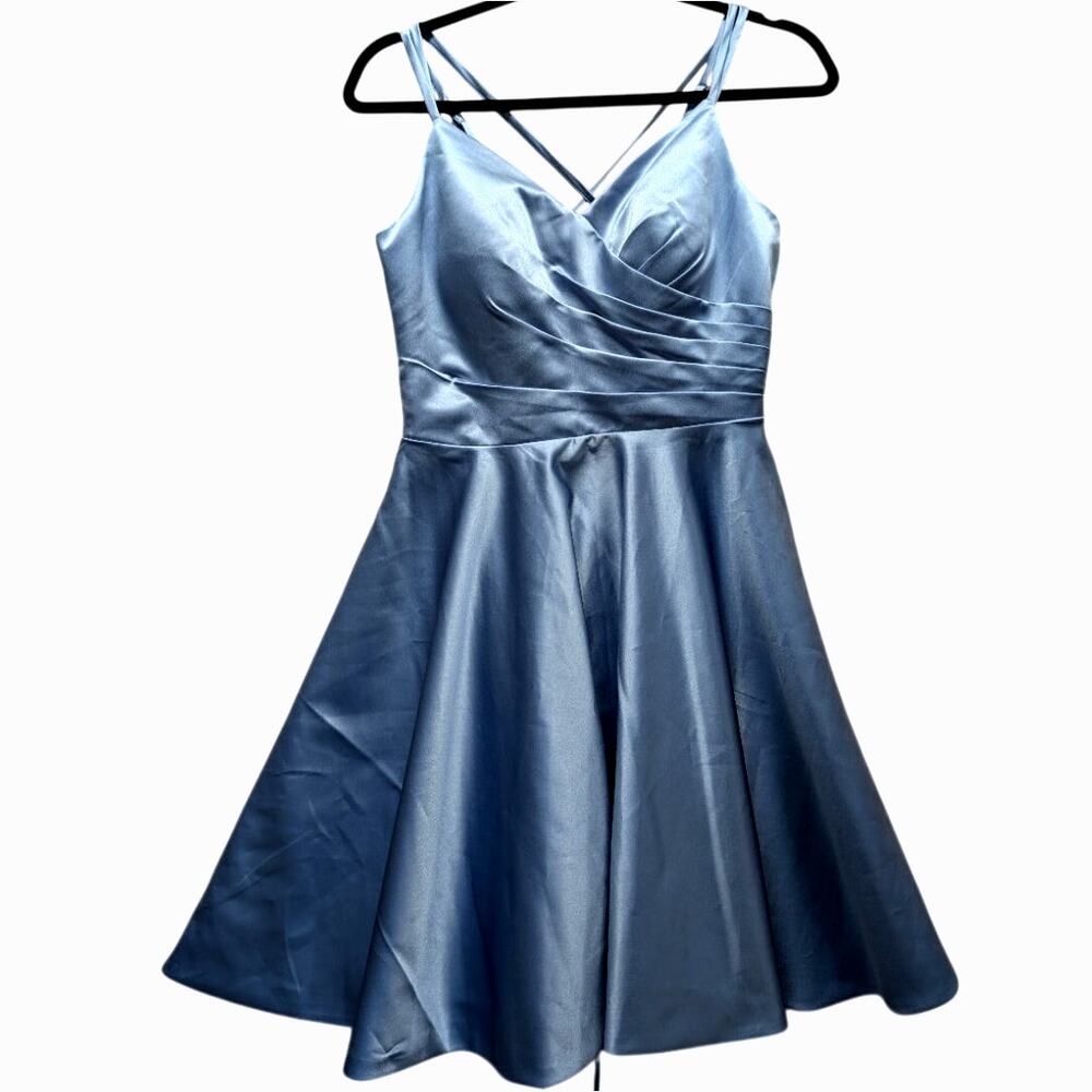 Satin Skater Party Dress Womens 6 Blue Semi Formal Lace Back Pockets Lavetir NWT